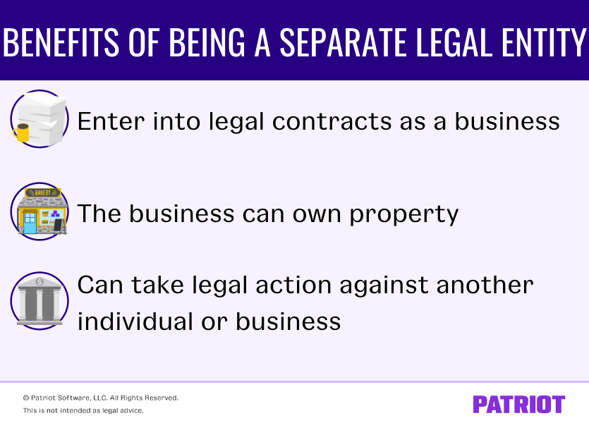 The benefits of being a separate legal entity are being able to enter into legal contracts as a business, owning property, and the business can take legal action against another individual or business.