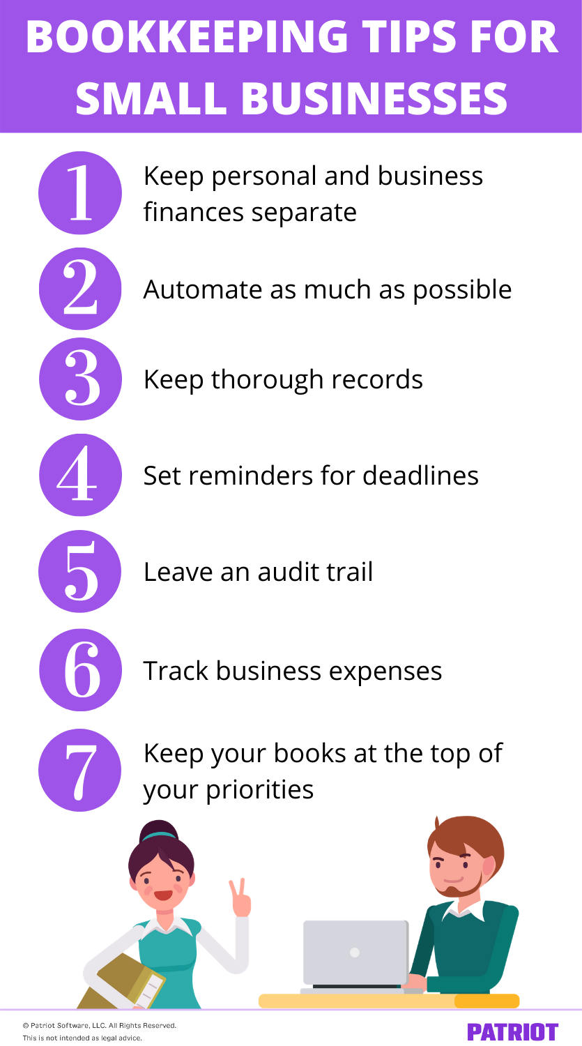 list of bookkeeping tips for small businesses with illustration of man on computer and woman holding accounting books