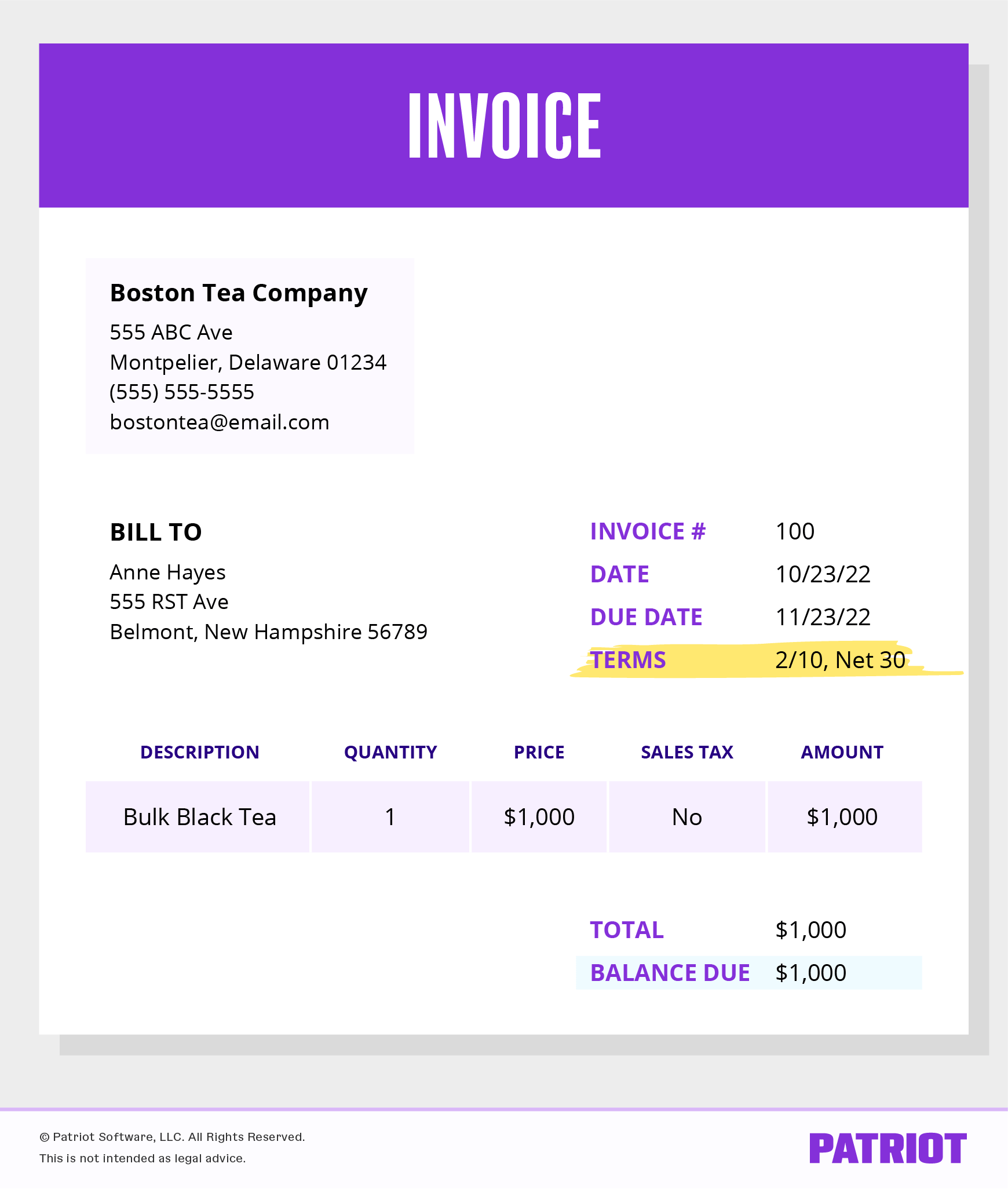 invoice example showing early payment discount