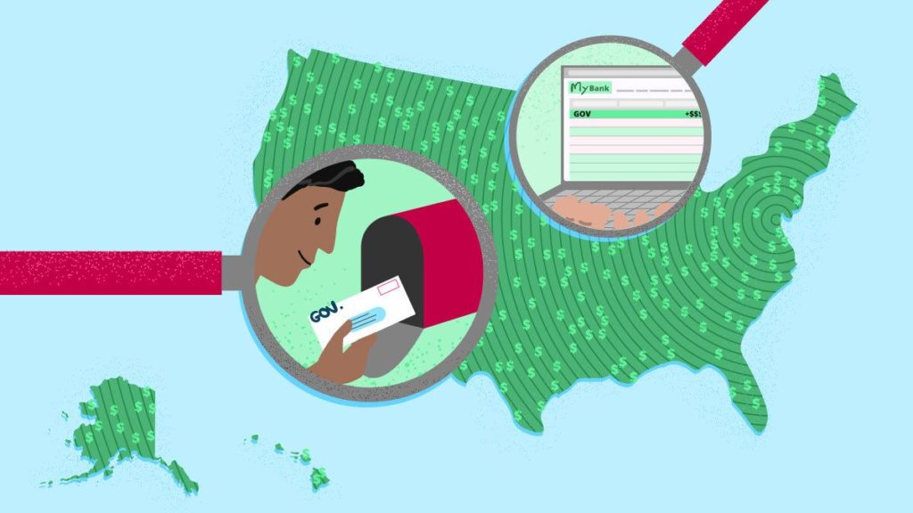 map of the united states with two magnifying glasses over top, one representing economic impact payments via mail and the other via direct deposit