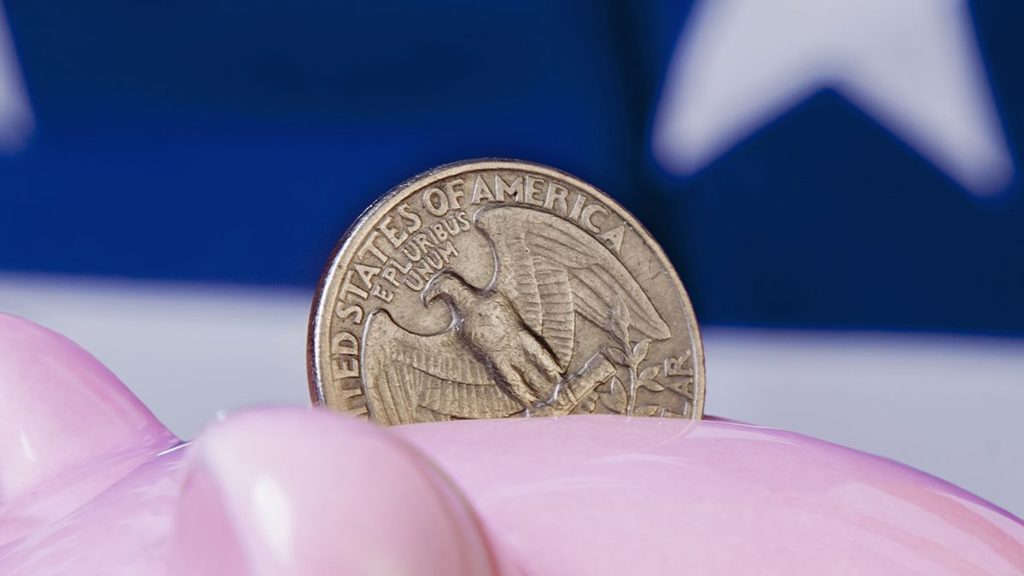 Coins being dropped into a piggy bank.