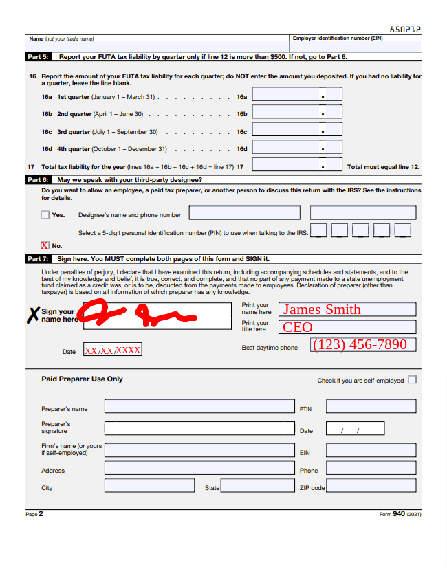 Example of Form 940 completed with example information.