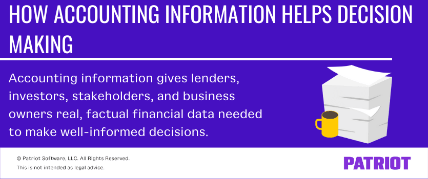How accounting information helps in decision making. Accounting information gives lenders, investors, stakeholders, and business owners real, factual financial data needed to make well-informed decisions.