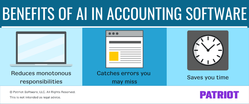 benefits of AI in accounting software: 1) reduces monotonous responsibilities, 2) catches errors you may miss 3) saves you time 