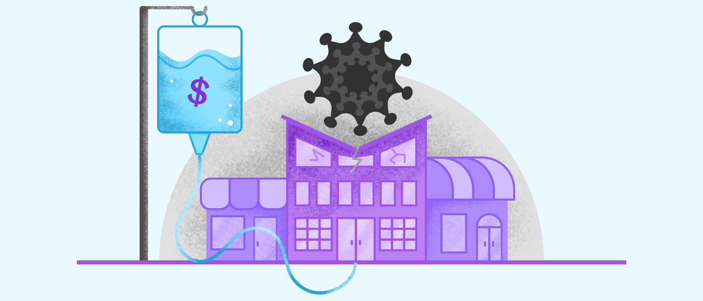 graphic of coronavirus crashing down on business, but business is hooked up to IV bag symbolizing financial relief