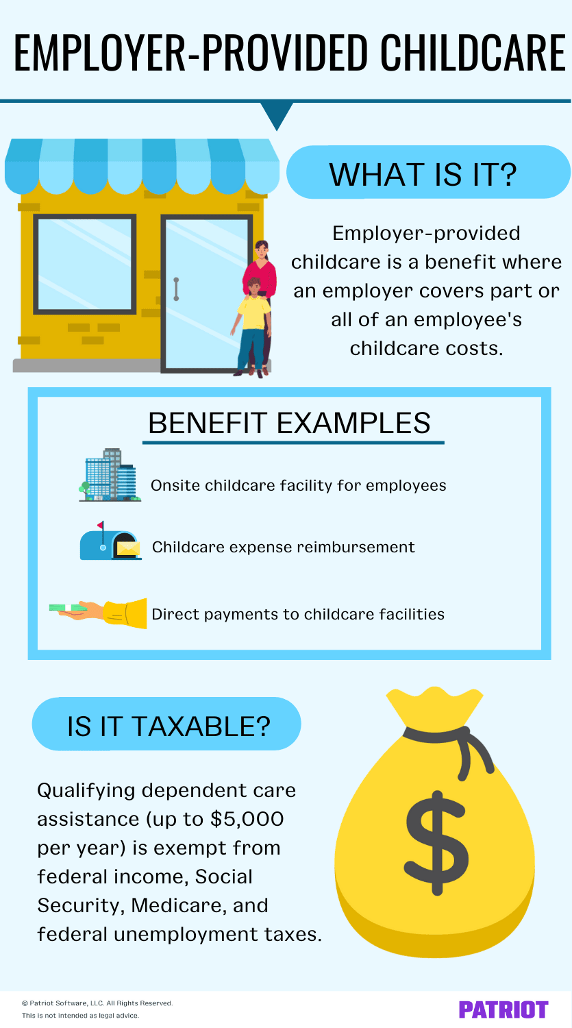 employer-provided childcare infographic: Definition, examples, and whether it's taxable