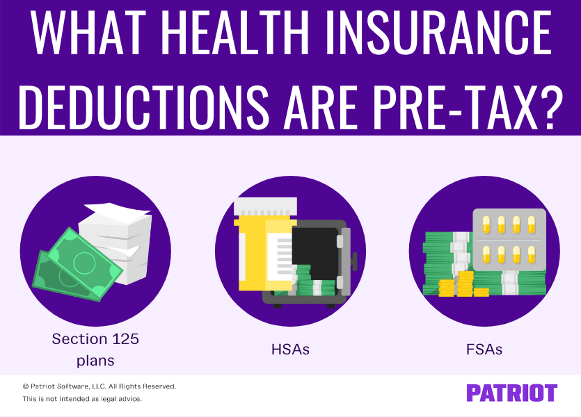 What health insurance deductions are pre-tax? Section 125 plans, HSAs, and FSAs.