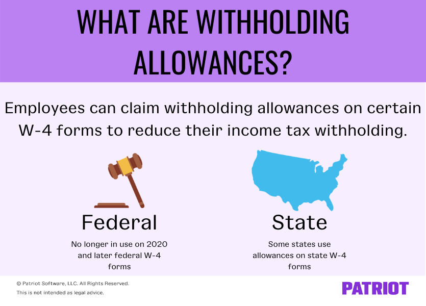 what are withholding allowances? Employees can claim withholding allowances on certain W-4 forms to reduce their income tax withholding. Federal: No longer in use on 2020 and later federal W-4 forms; State: Some states use allowances on state W-4 forms